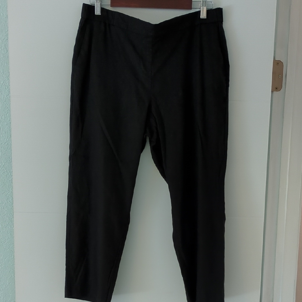 Jjll Linen Stretch Pull On Mid Waist Ankle Straight Leg Black Pants Sz L Pockets